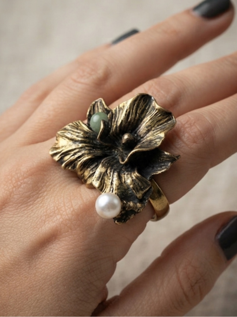 Antique Gold Flower Statement Ring with Pearl Accent